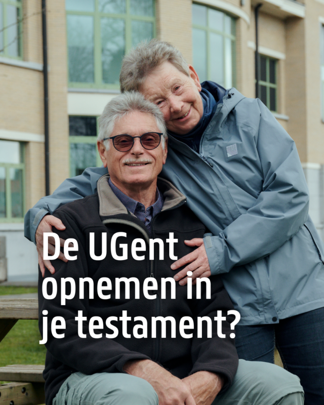 Visual conversie ad om de UGent op te nemen in je testament met Eddy & Dorinda al knuffelend